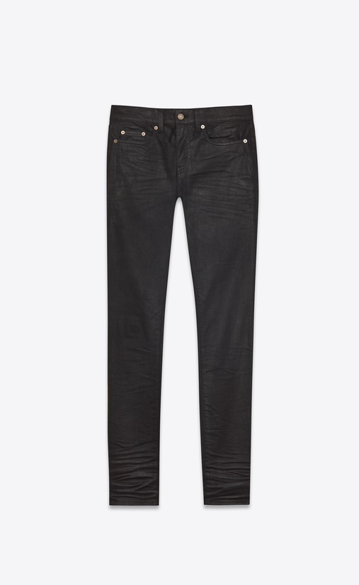 low waisted skinny jeans in coated black stretch denim